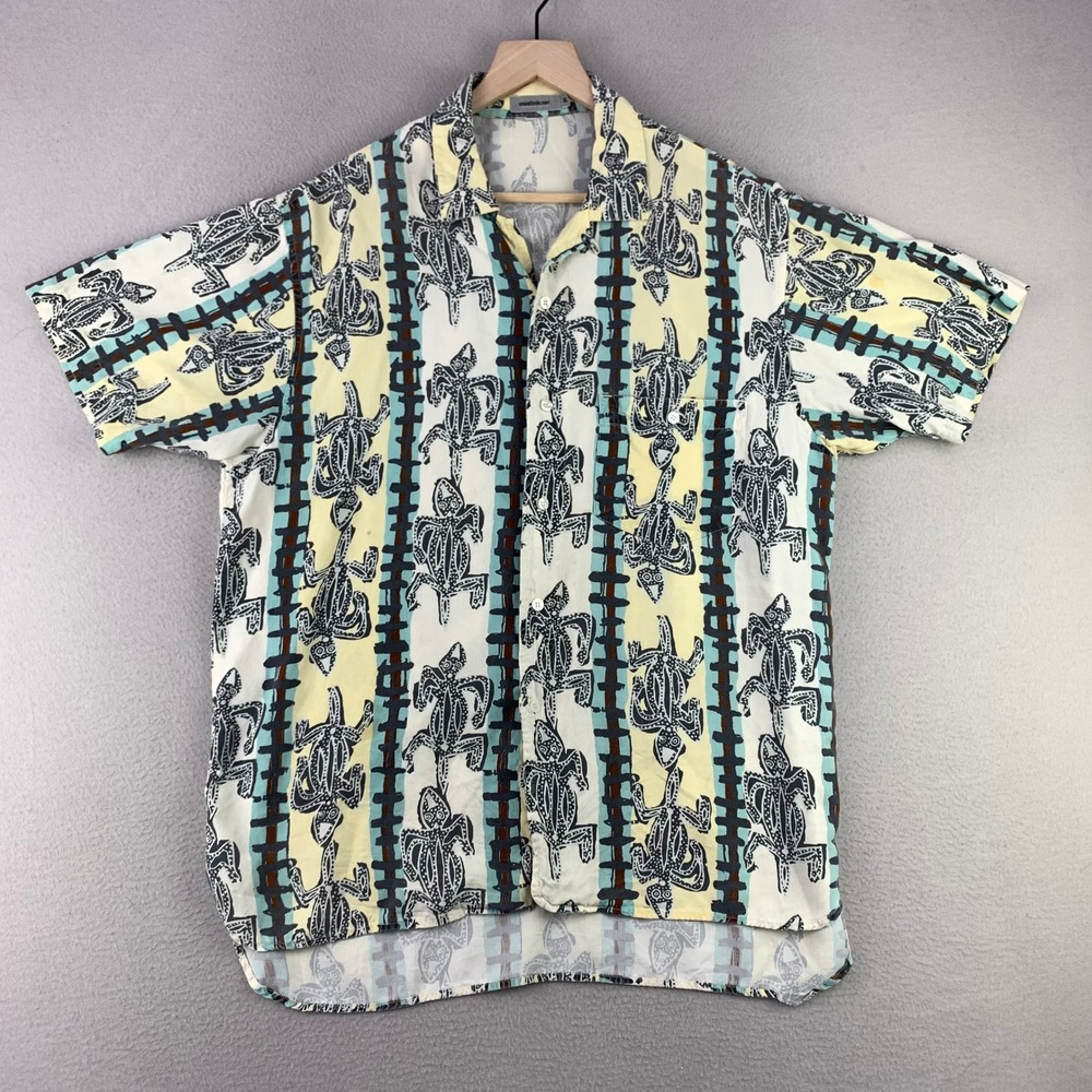 VTG Matinique Lizard Print Button Up Shirt Mens Medium Yellow Blue Tribal Casual